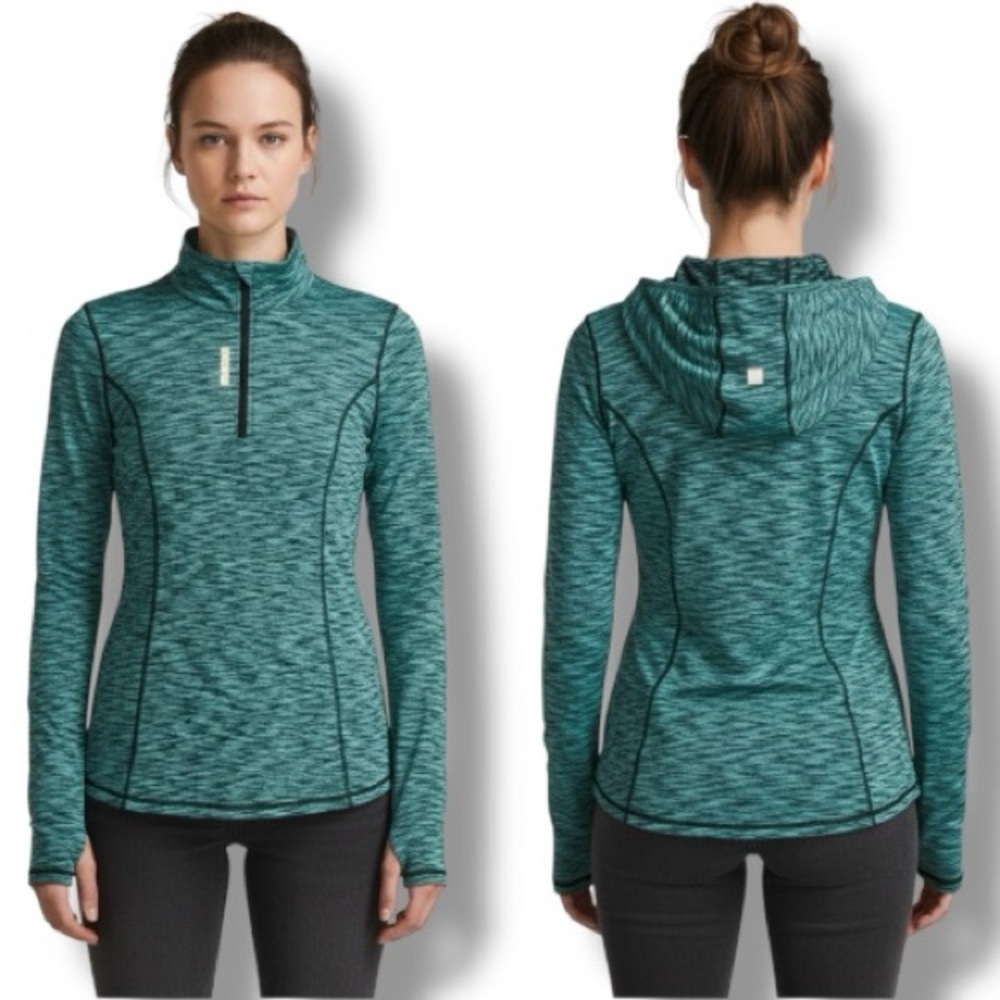 Reebok Slim Fit Teal Black Space Dye Half-Zip Athletic Hoodie Women’s S Active